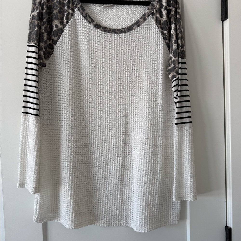 BiBi White with leopard print and B/W stripes Long Sleeve Top size L